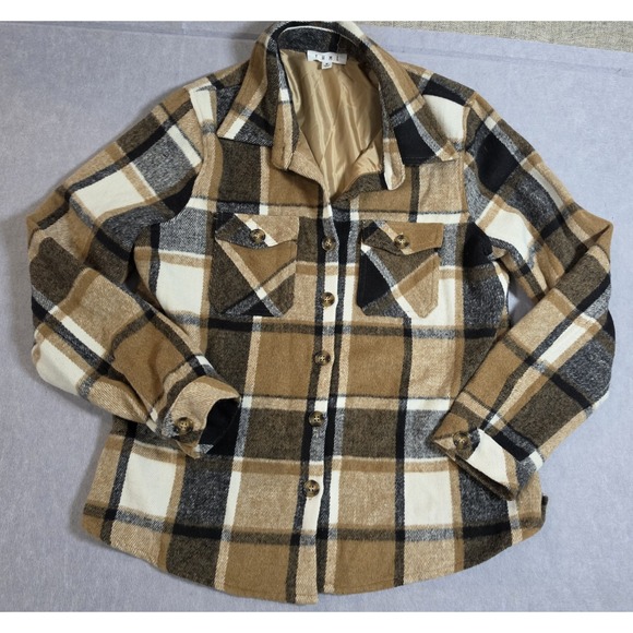THML Jackets & Blazers - THML Jacket Womens Sz M Brown Plaid Flannel Shirt Shacket Button Lined Wool Blnd